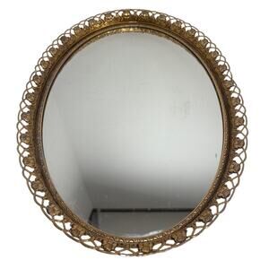 VINTAGE 14" OVAL VANITY TRAY MIRROR DRESSER PERFUME-GOLD FILIGREE ORNATE BORDER